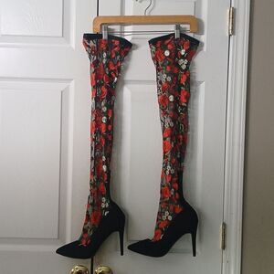 Design for Jacobies over the knee red black floral heeled boots  Sz 9 NWOT